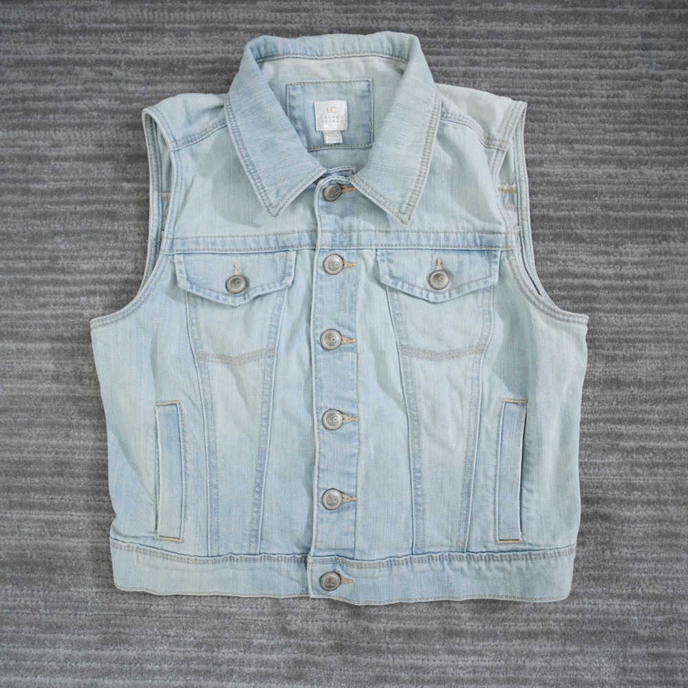 LC Lauren Conrad Womens Denim Vest Sleeveless Button Front Blue Pockets Small